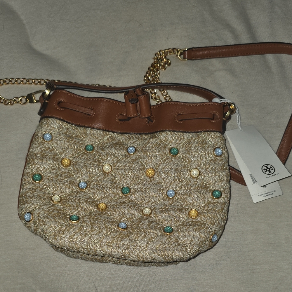 Tory Burch Tan and Brown Crossbody Bag with Gold Chain